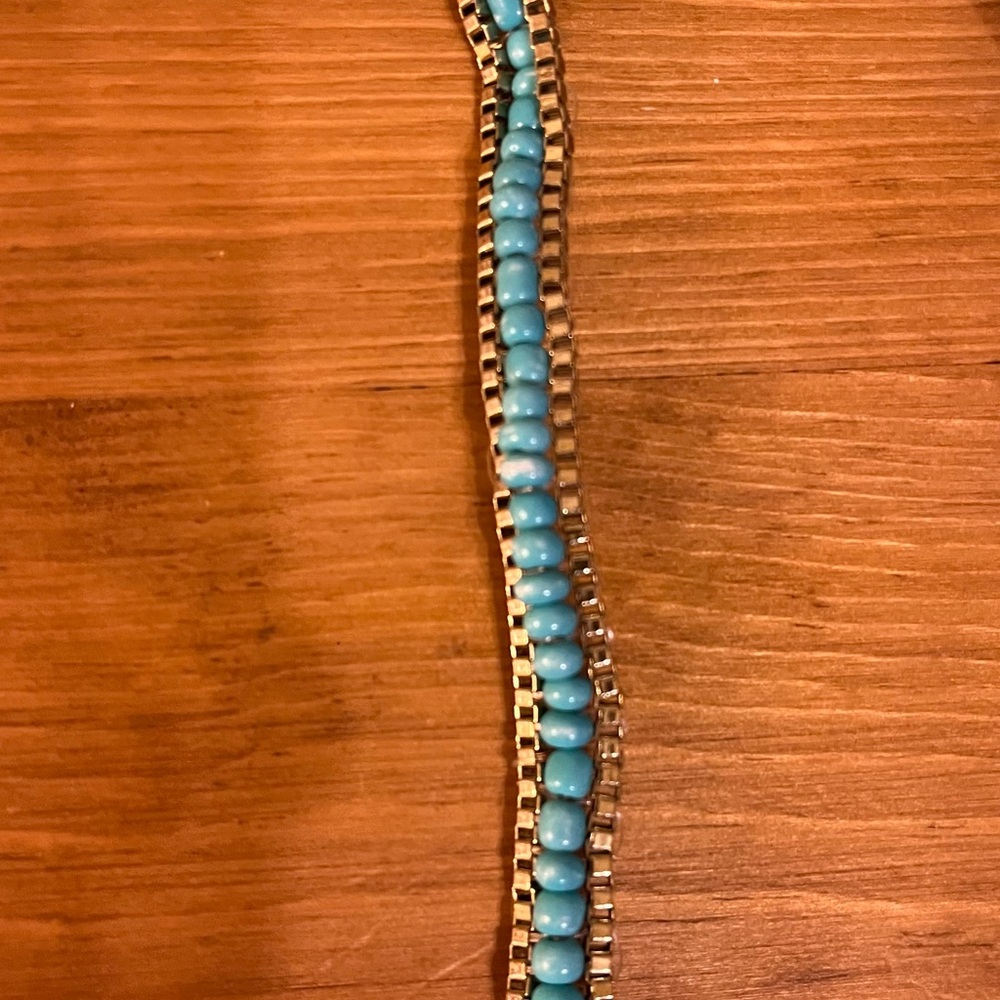 Turquoise color beaded wrap bracelet with gold edging and clasp 21” - Picture 8 of 9